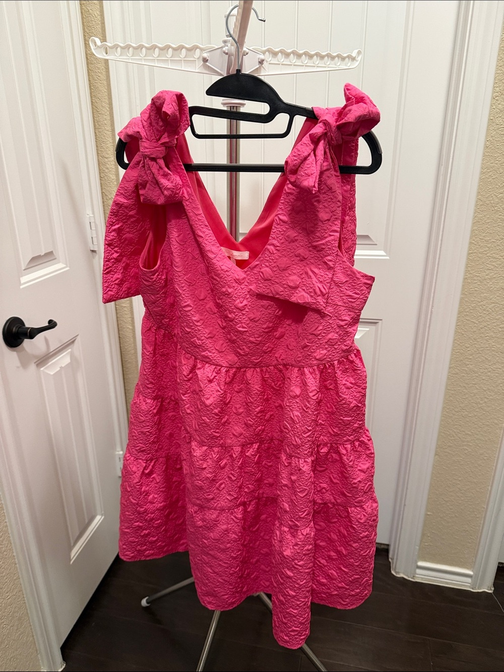 Ces Femme Bright Pink Textured Mini Dress with Tie Shoulders